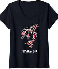 Womens Native Wailea Hawaii Red Orca Killer Whale V-Neck T-Shirt