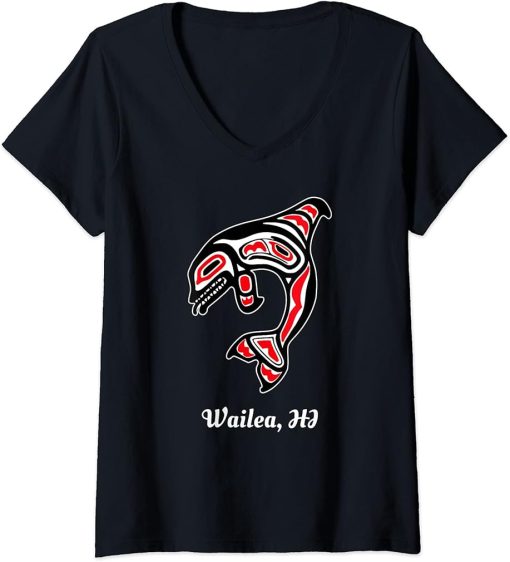 Womens Native Wailea Hawaii Red Orca Killer Whale V-Neck T-Shirt