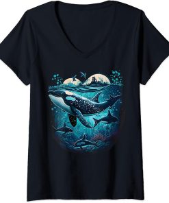 Womens Colourful mystical orca whale watching dolphin pottwhale orca whale V-Neck T-Shirt