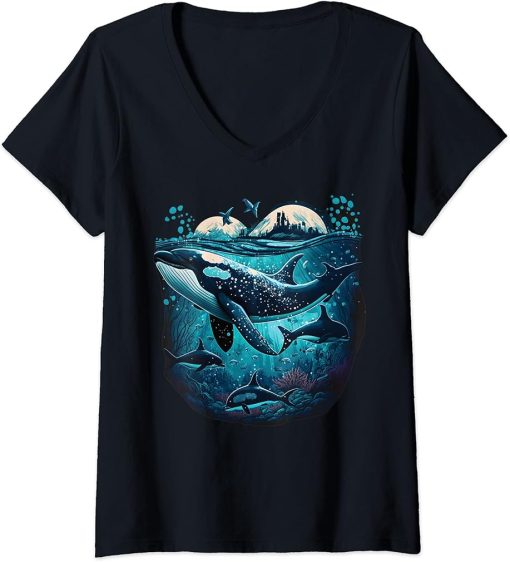 Womens Colourful mystical orca whale watching dolphin pottwhale orca whale V-Neck T-Shirt