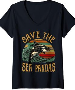 Womens Rescue Killer Whale Orcas Save The Sea Pandas Marine Biology V-Neck T-Shirt