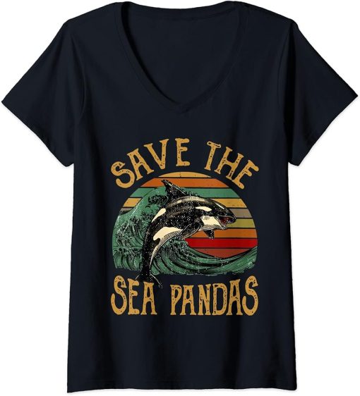 Womens Rescue Killer Whale Orcas Save The Sea Pandas Marine Biology V-Neck T-Shirt