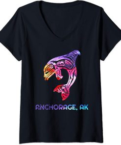 Womens Anchorage Alaska Native American Orca Killer Whale V-Neck T-Shirt