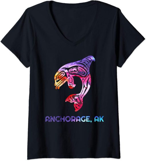 Womens Anchorage Alaska Native American Orca Killer Whale V-Neck T-Shirt